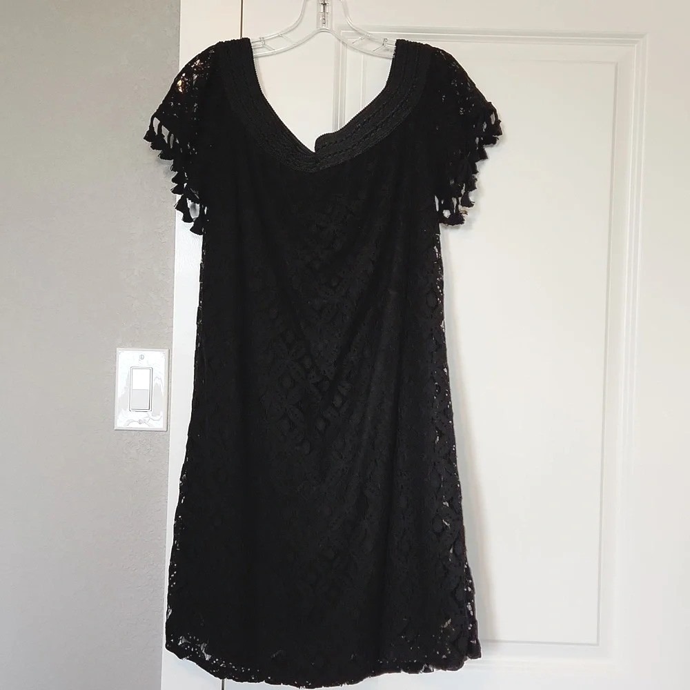 C Cato Black Lace Tassel Off Shoulder Short Sleeve Dress Women's L‎